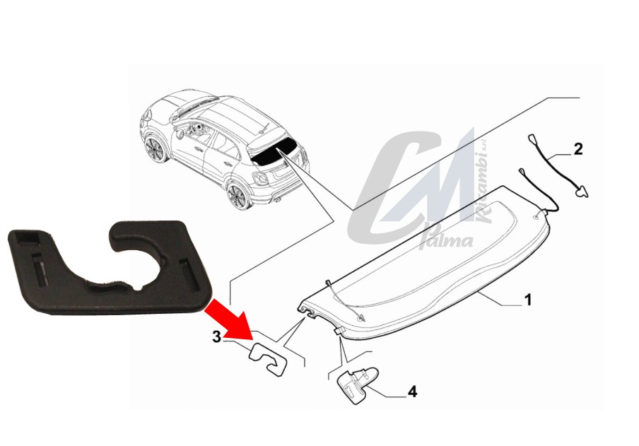 GANCIO GOMMINO MENSOLA CAPPELLIERA BAULE FIAT 500X DAL 2015 DESTRO DX ORIGINALE