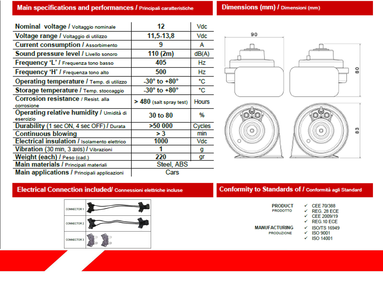 927695 COPPIA TROMBE CLACSON FIAMM AM80S 12V AUTO VEICOLI COM. + RELE ...